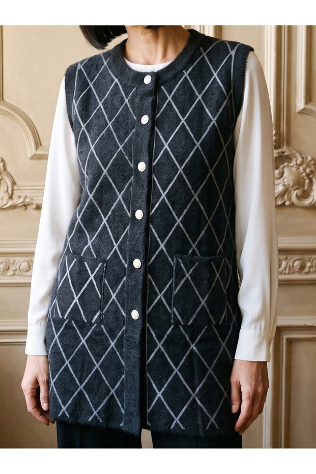 Crew Neck Tunic Knit Soft Vest / Charcoal Grey