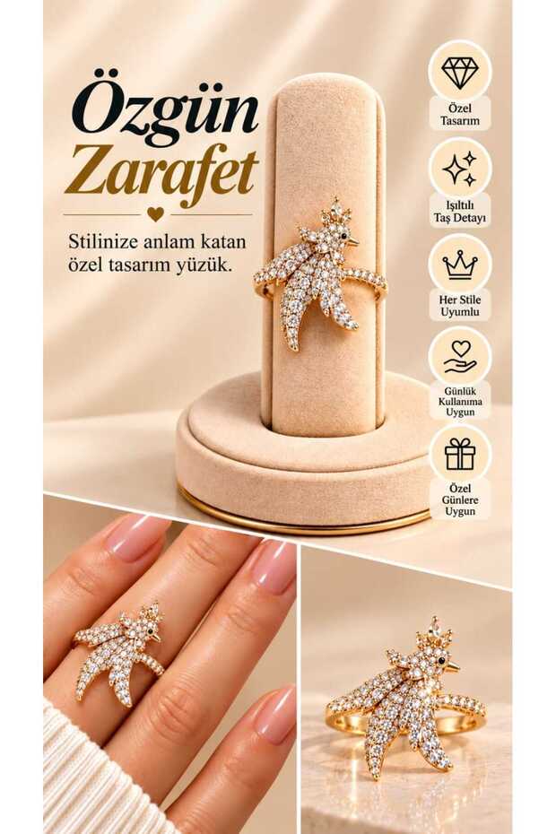 Ring with a Bird Design and Gold Stones