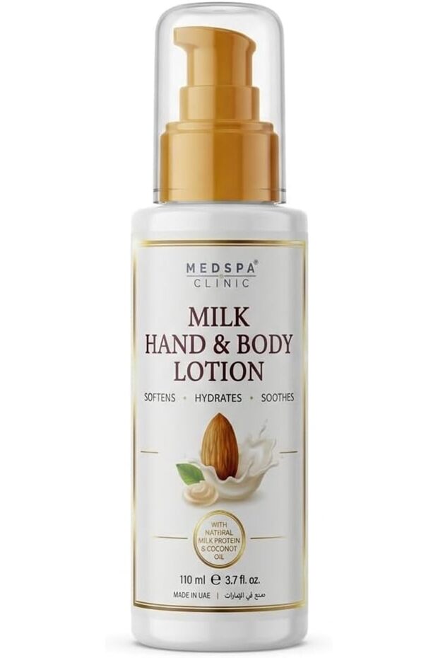 Milk Hand & Body Lotion 110ml (3.7 fl oz) – Travel Size Moisturizer with Natural Milk Protein & Coconut Oil – Softening, Hydrating Pump Bottle for Dry Skin – Made in UAE