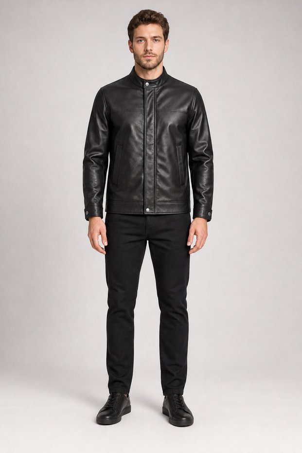 Men's stand-up collar faux leather jacket with snap buttons, zipper, and pockets.