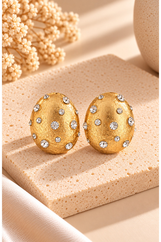Women's Gold-Toned Oval Earrings with Gemstones – Stone Embellished, Vintage Style, Chic and Eye-Catching Earrings
