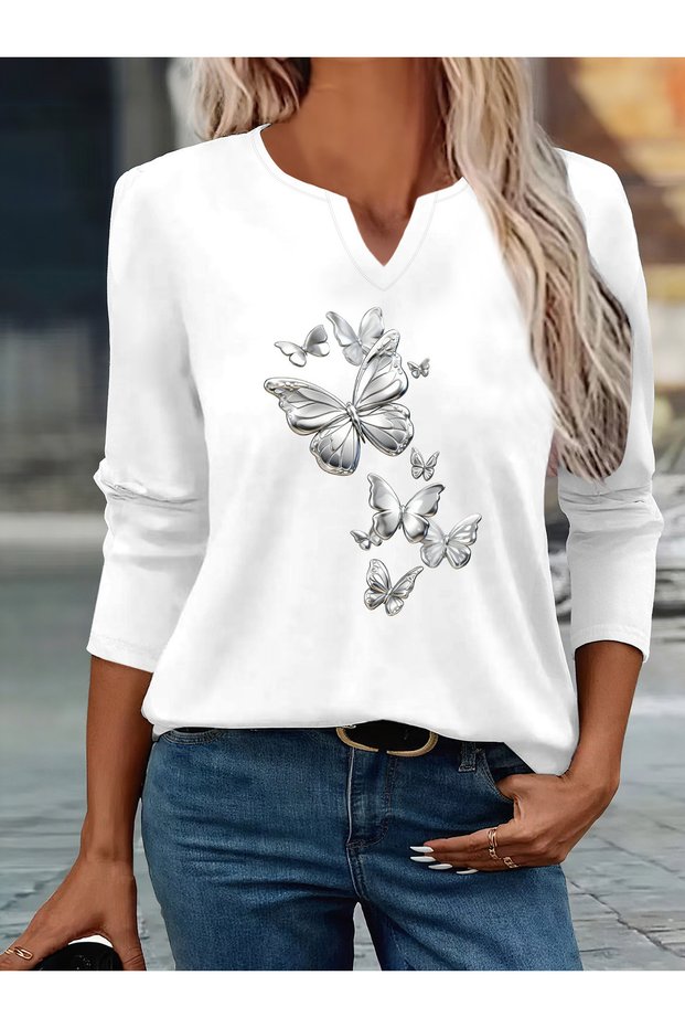 Printed Cotton-Stretch Fabric Half-V-Neck Long-Sleeve Blouse