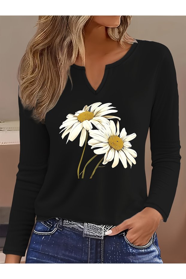 Printed Cotton-Stretch Fabric Half-V-Neck Long-Sleeve Blouse