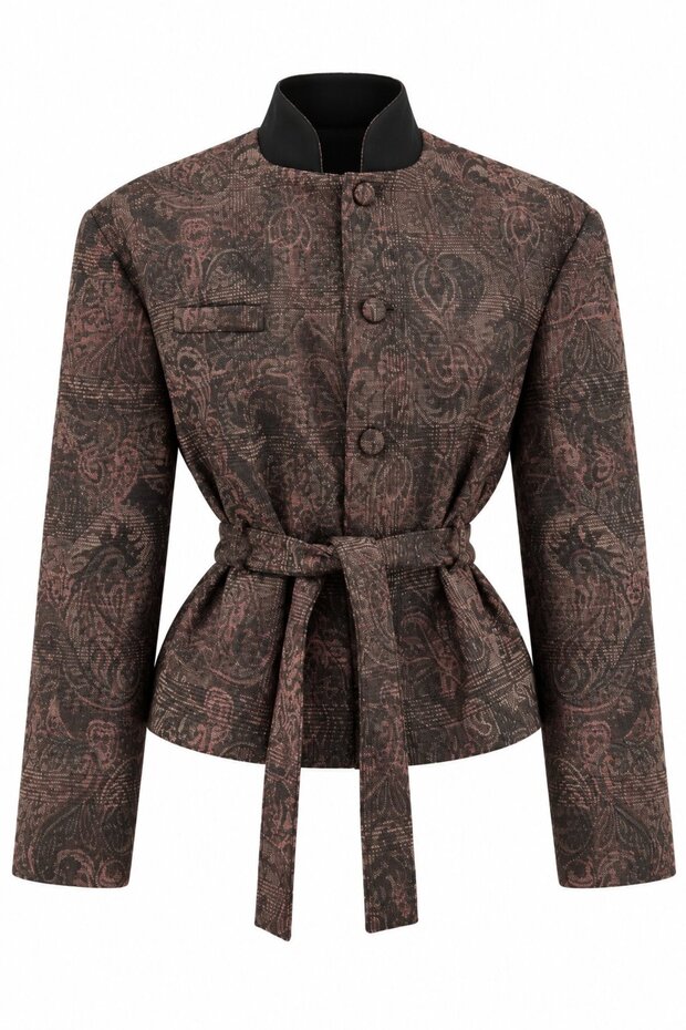 Brown Patterned Belted Jacket - 2653