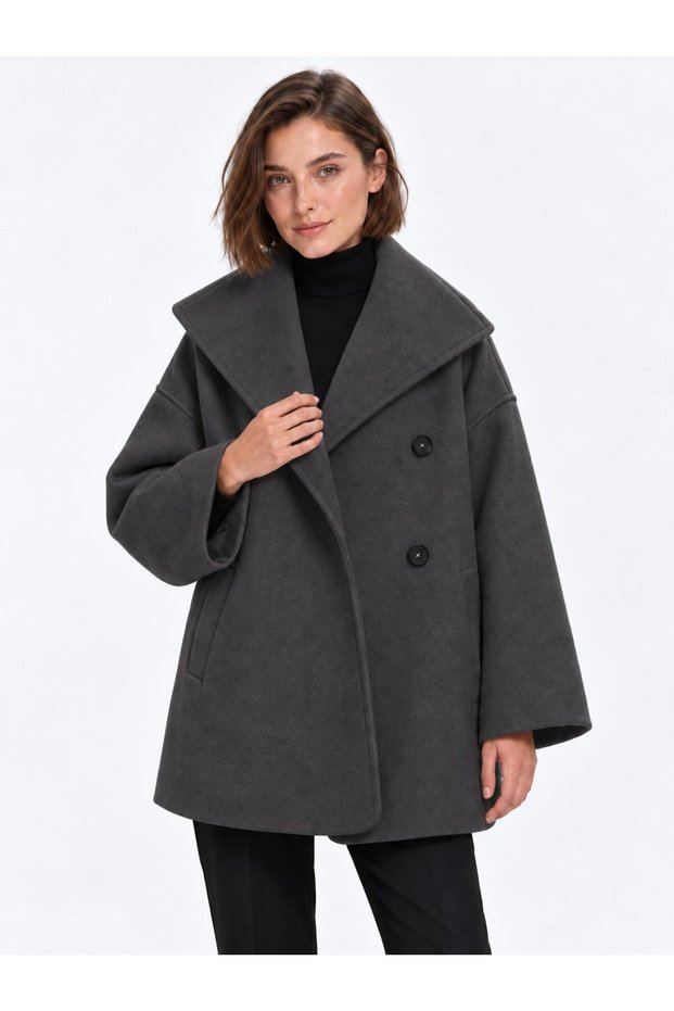 Anthracite Women's Oversized Double-Breasted Short Coat with Wrap Neckline