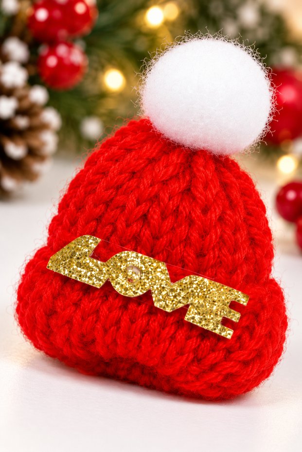 5 Red Mini Knitted "Love" New Year's Santa Hats—New Year's Decorations