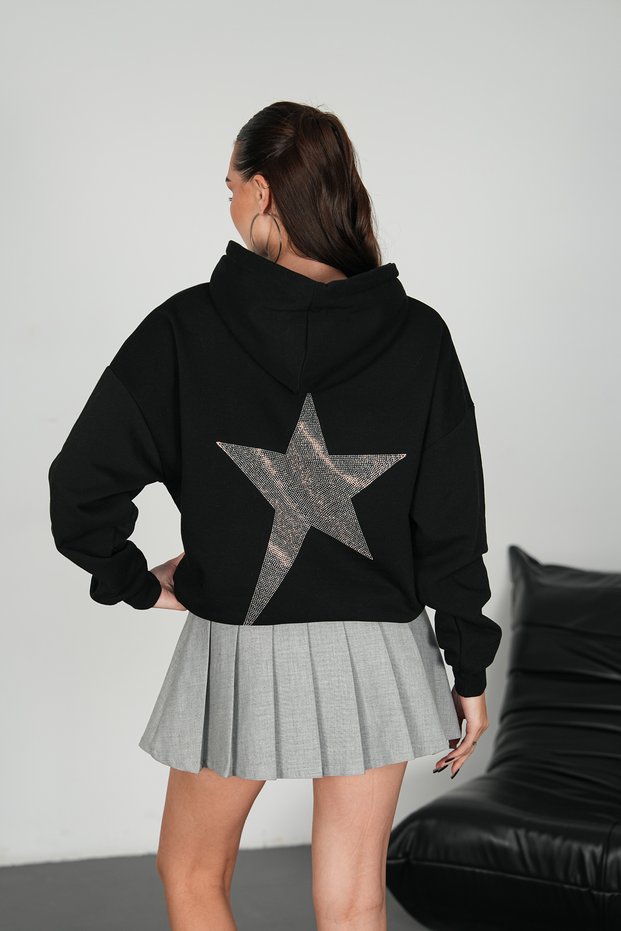 Women's Oversized Hooded Sweatshirt with Stone Embellishments and Star Print