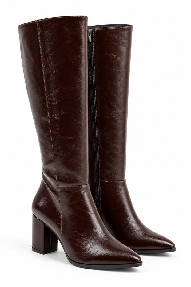 Culina Women's Brown Pointed Toe Thick Heel Side-Zip Closure Knee-High Leather Boots, 7.5 cm Heel