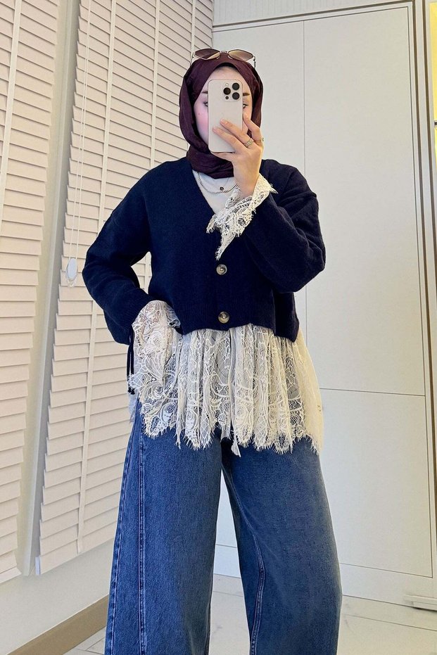 Premium Lace-Detailed, Ruched-Sleeve Knit Cardigan - Navy Blue