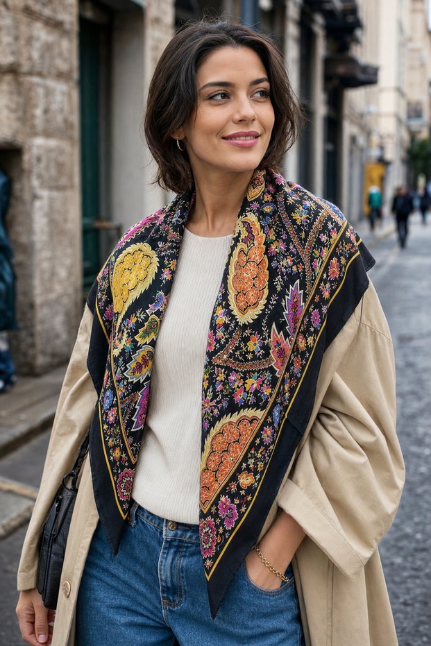 100% Cotton Colorful Ethnic Patterned Etro Shoulder Scarf, 100x100 cm