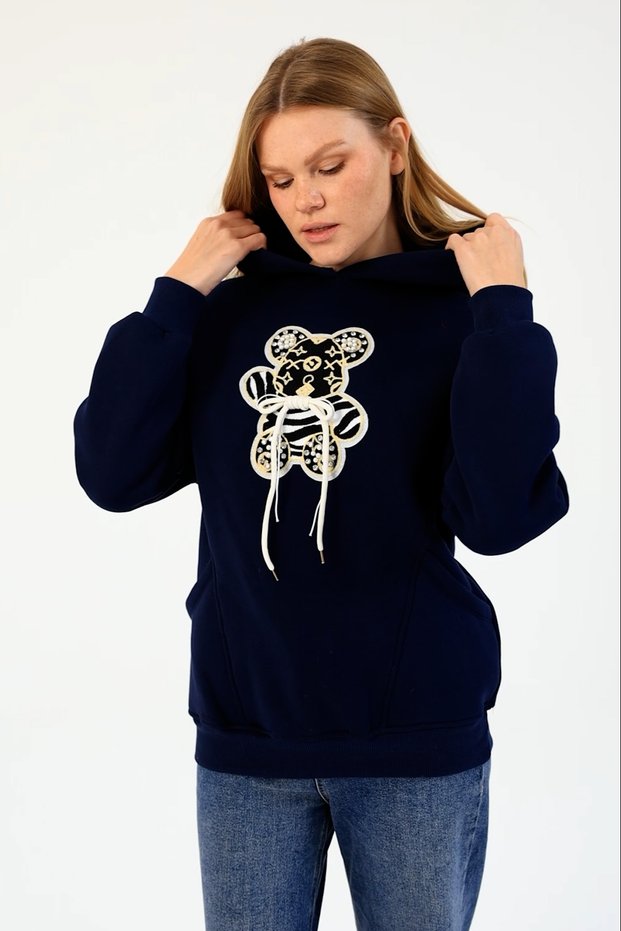 Women's Hooded 3-Strand Sweatshirt with Teddy Bear Print, Navy Blue - 2685