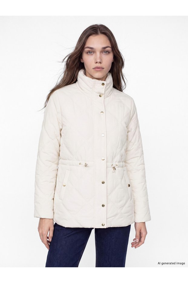 Peak New Season Beige Stand Collar Quilted Women's Puffer Jacket