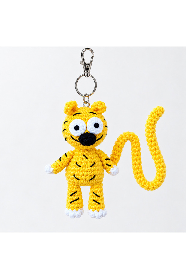 Marsupilami Amigurumi Keychain, Hand-Knitted Clutch Bag Charm and Car Accessory, Shaped Wire Tail, 100% Cotton Yarn