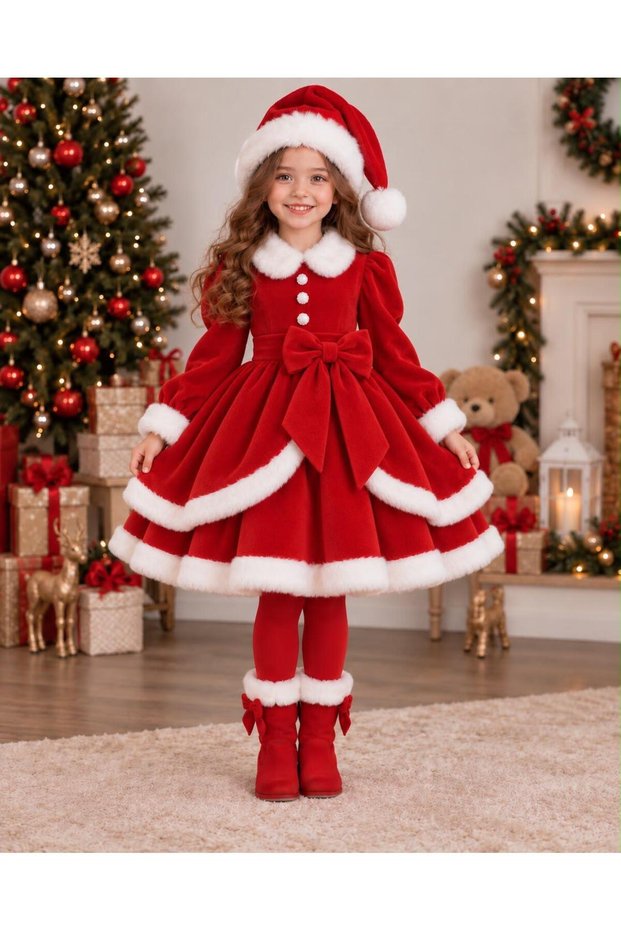 Girls' Red Velvet Dress with Bow Detail—Christmas Dress