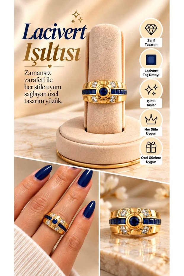 Gold and Navy Blue Stone-Set Steel Ring