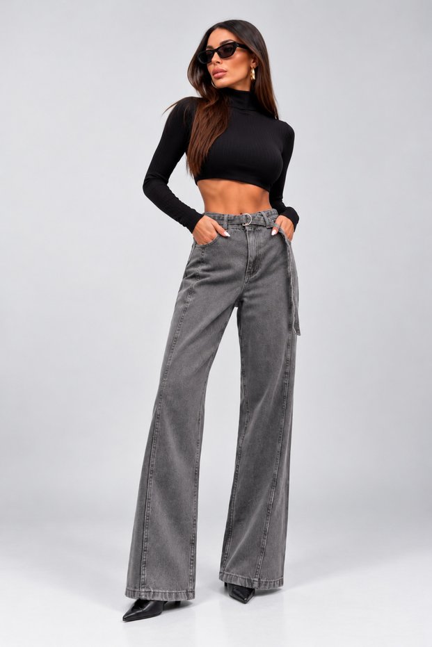 Denim Palazzo Pants with a Belted Waist and Front Detail