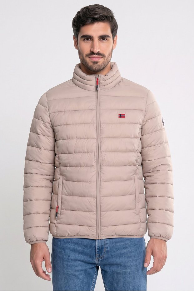 Men Regular Fit Long Sleeve Puffer Quilted Jacket, Beige