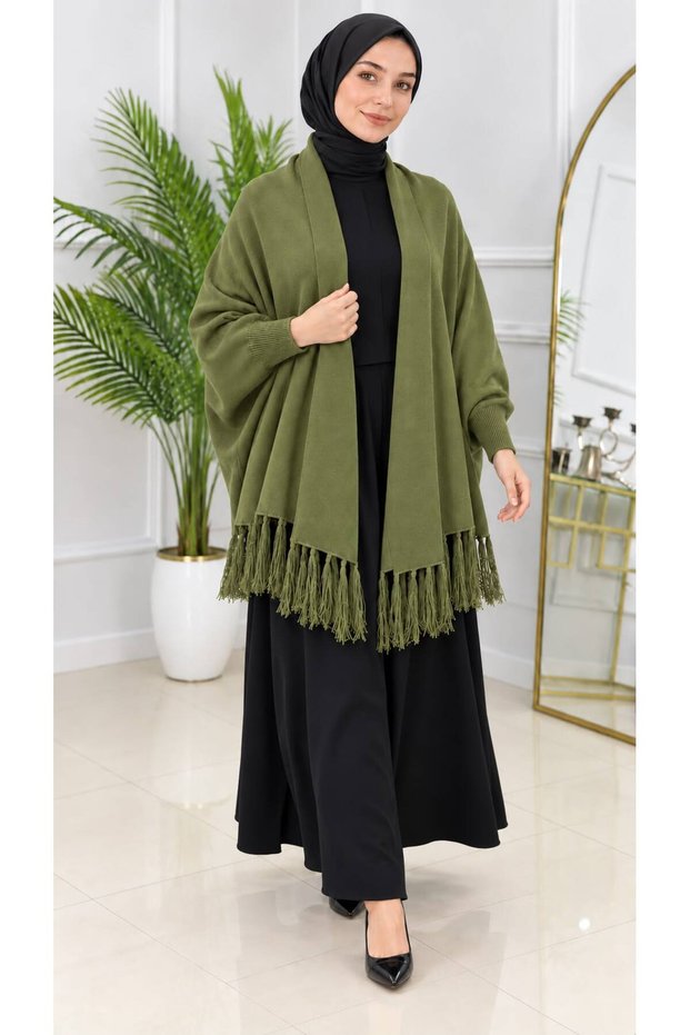 Women's Fringed-Sleeves, Ribbed-Cuffs, Loose-Fit Knit Chic Poncho, Standard Size