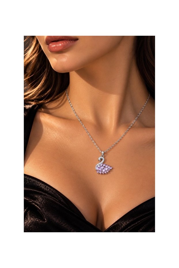 Canselle 316L Stainless Steel Purple Stone Swan Necklace – Elegant Silver-Toned Women's Necklace