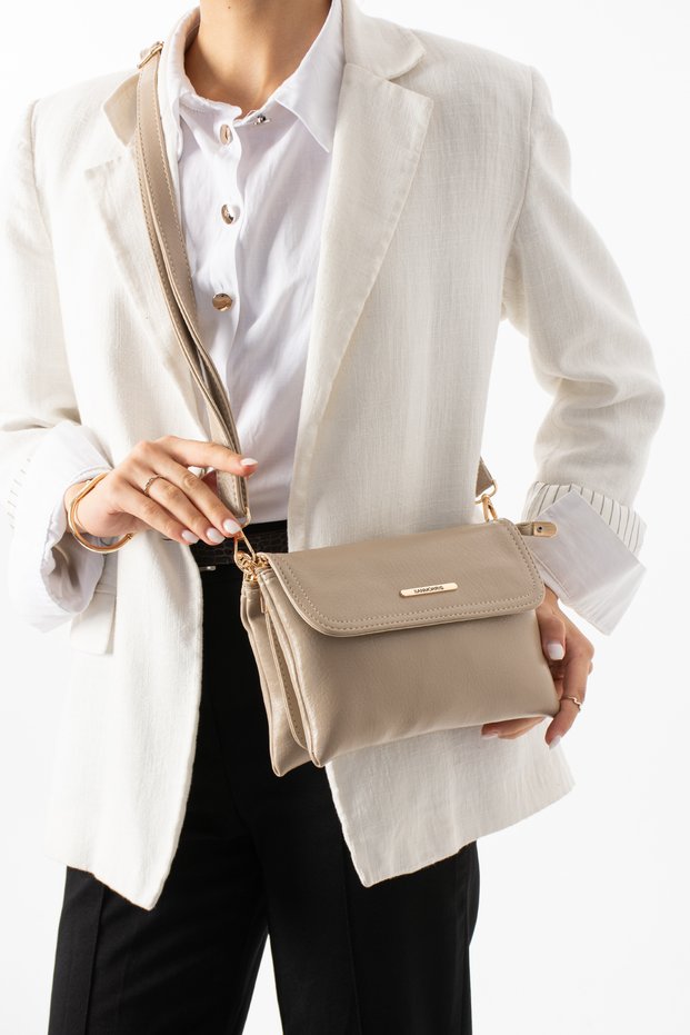 VX-1451 Women's Multi-Compartment Crisscross Straps Shoulder Bag with Flap, SAND
