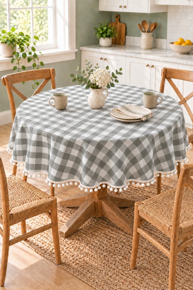 Round Tablecloth with Gingham Pattern and Pom-Pom Accents – Liquid-Resistant, Stain Resistant, Durable Duck Fabric, Various Size Options