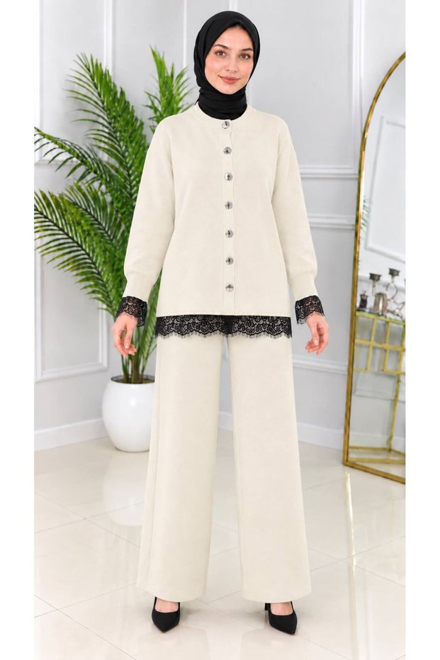 Women's Knit Set: Cardigan and Pants with Lace Embroidery on the Collar, Sleeves, and Hem, Featuring 7 Silver Buttons