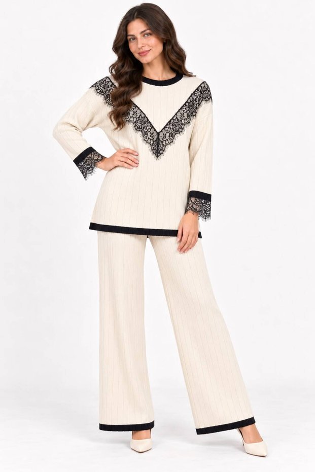 Women's Two-Piece Set with a Crew Neck Featuring Lace Details on the Front and Sleeve Ends, Paired with Corded Fabric Knit Pants