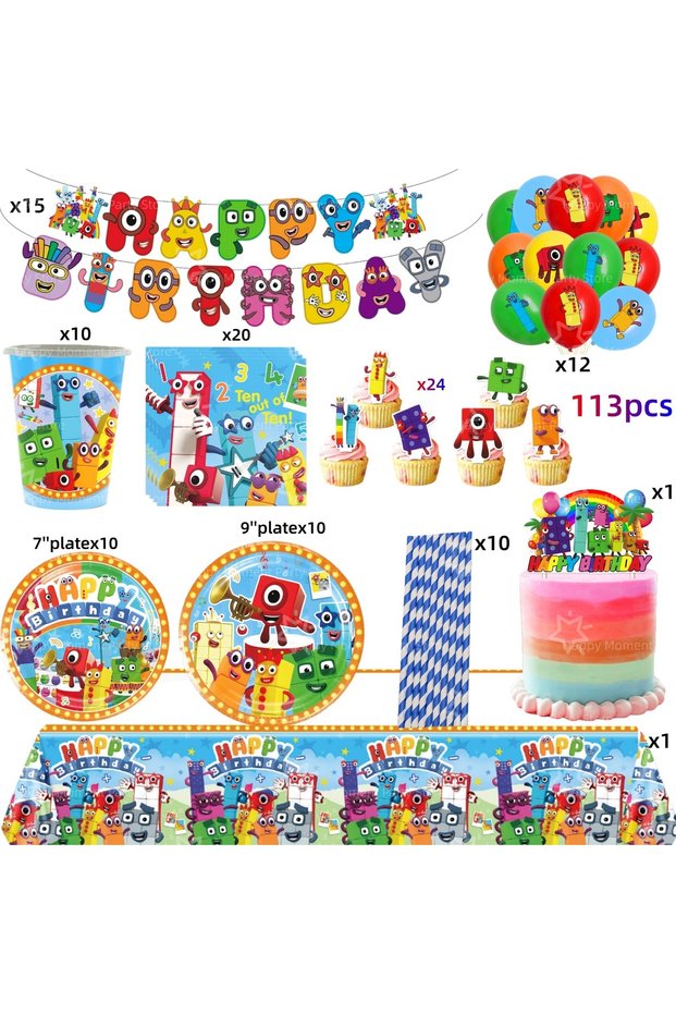 as shown B-113pcs Building Block Birthday Party Decoration Number blocked Tablecloth Cup Plat