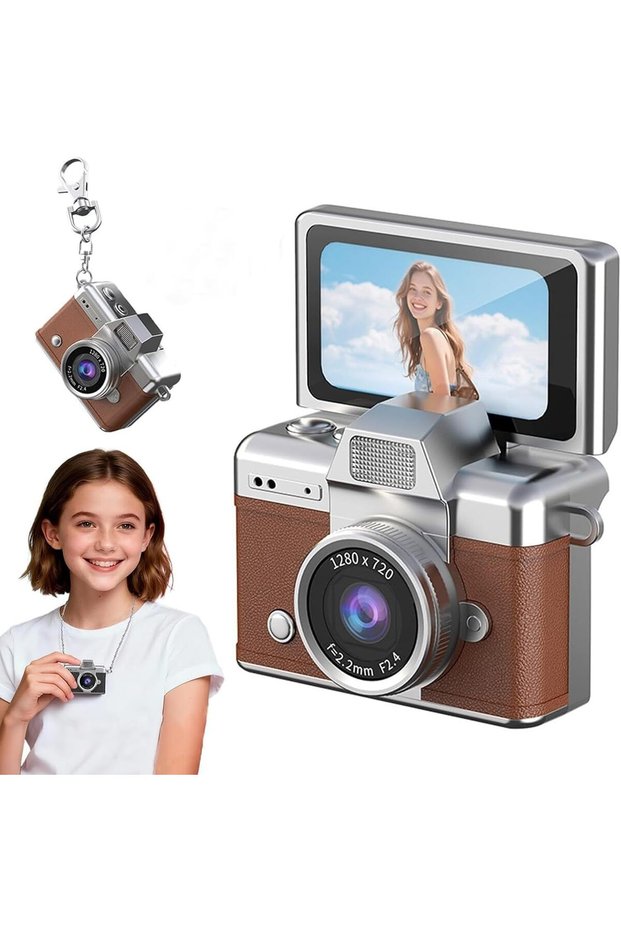 Retro Mini Digital Camera with Flip Screen, Compact Portable Camera for Kids and Beginners, USB Connectivity and Accessories – Silver & Brown