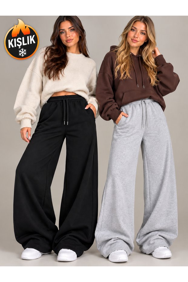 Women's 2-Piece Winter Sweatpants Set with Brushed Inside Design (Black and Gray)