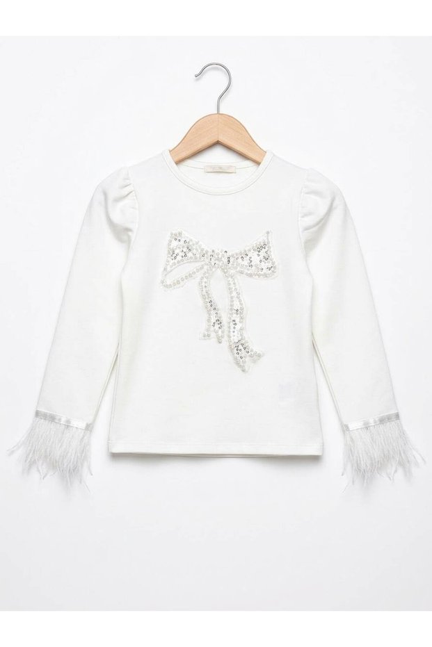 Girls' Blouse with White Pearl Bow Detail and Ruffle, Ages 4–12