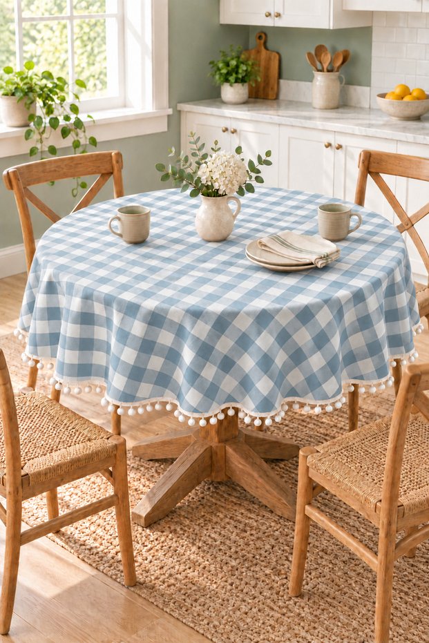 Round Tablecloth with Gingham Pattern and Pom-Pom Accents – Liquid-Resistant, Stain Resistant, Durable Duck Fabric, Various Size Options