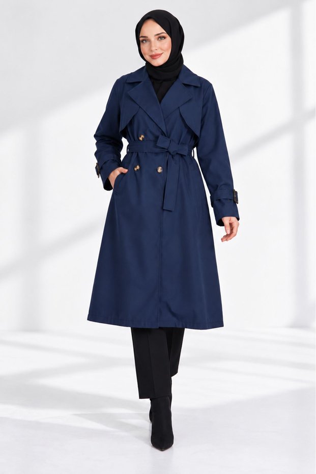 Women's Navy Blue Button-Front Adjustable Sleeve Cuff Midi Length Belted Trench Coat NBFT016