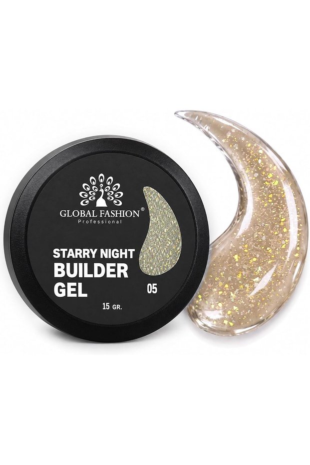 Global Fashion Starry Night Builder Gel for Nails 15g, Holographic Glitter Nail Extension Gel with Sparkling Flakes, Self Levelling UV LED Builder Gel for Nail Art, Overlays & Strengthening, 05