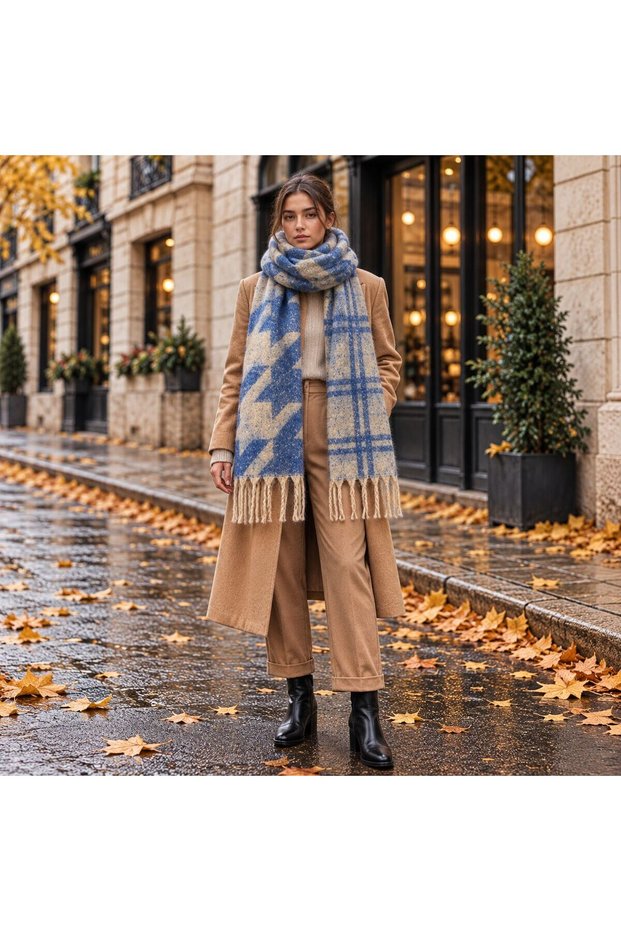 FLR-5033 Blue and Beige Houndstooth and Plaid Double-Patterned Thick Winter Scarf | Eos Collective