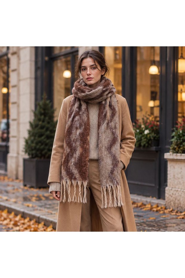 FLR-5034 Coffee Cream Zigzag Patterned Thick Winter Scarf | Eos Collective