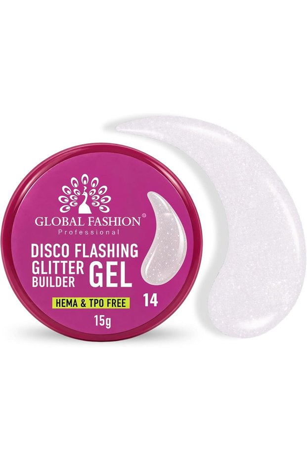 Global Fashion Disco Flashing Glitter Builder Gel 15g, Shade 14 - Reflective Glitter Nail Extension Builder, Thick Self Levelling UV LED Sculpting Gel for Overlays and Nail Art