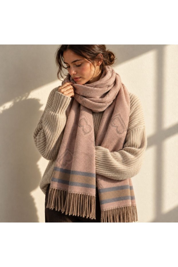 FLR-5038 Premium Soft Wool Shawl with Powder Gray Striped Detail | Eos Kolektif