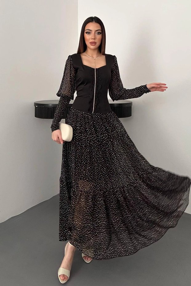 Women's Black Lace Dress with Rhinestones and Stripes