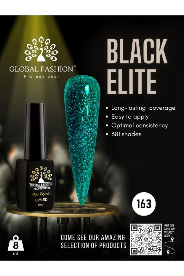 Black Elite Gel Nail Polish 163 Emerald Glitter, 8ml - Soak Off UV LED Gel Polish, Long-Lasting Sparkling Glitter Colour for Salon and Home Manicure