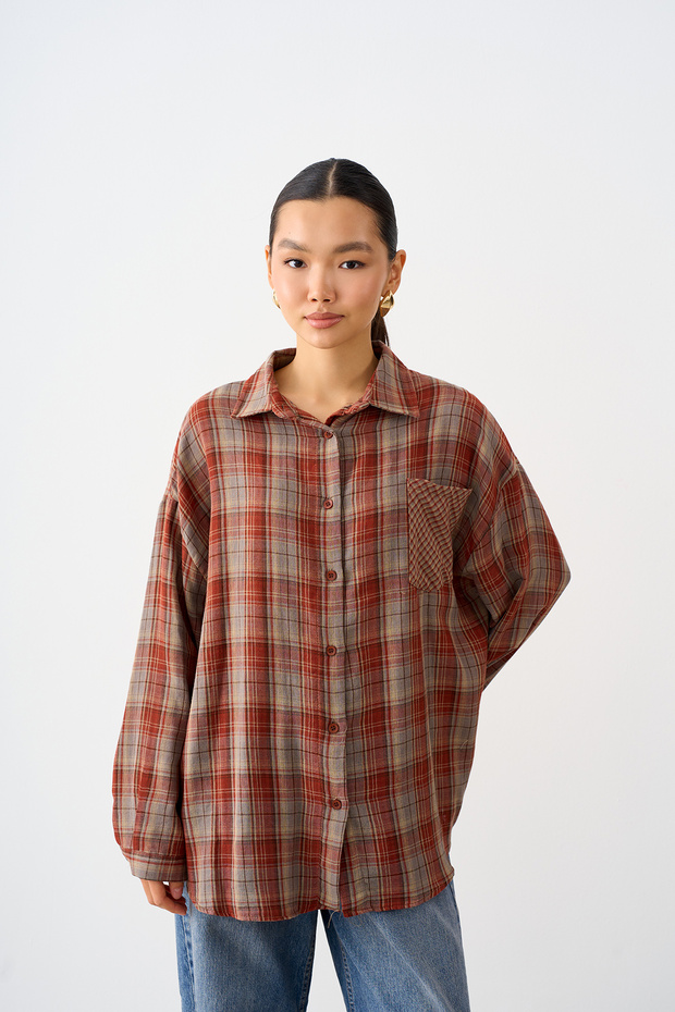 Women's Plaid Pattern Single-Pocket Shirt, Terracotta Color
