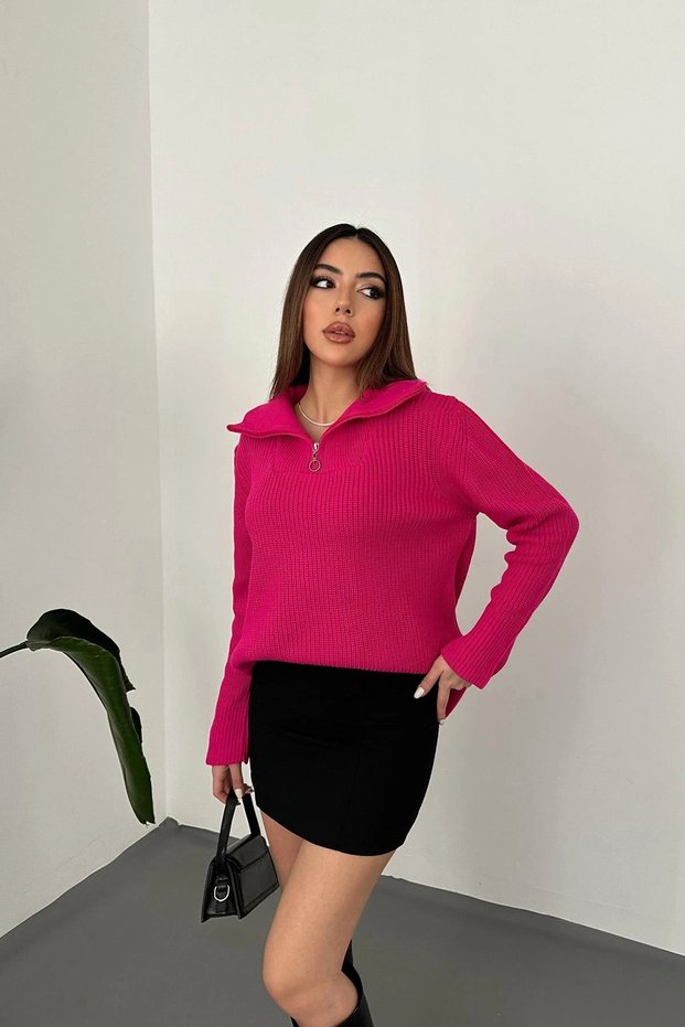 Women's Fuchsia Zipper-Front Boat Neck Knit Sweater