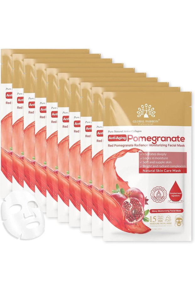 Global Fashion Facial Sheet Mask - 5 Natural Flavours, Hydrating, Anti-Aging, Brightening & Firming - 15 Minute Spa Treatment with Collagen & Hyaluronic Acid (Pack of 10, Pomegranate)