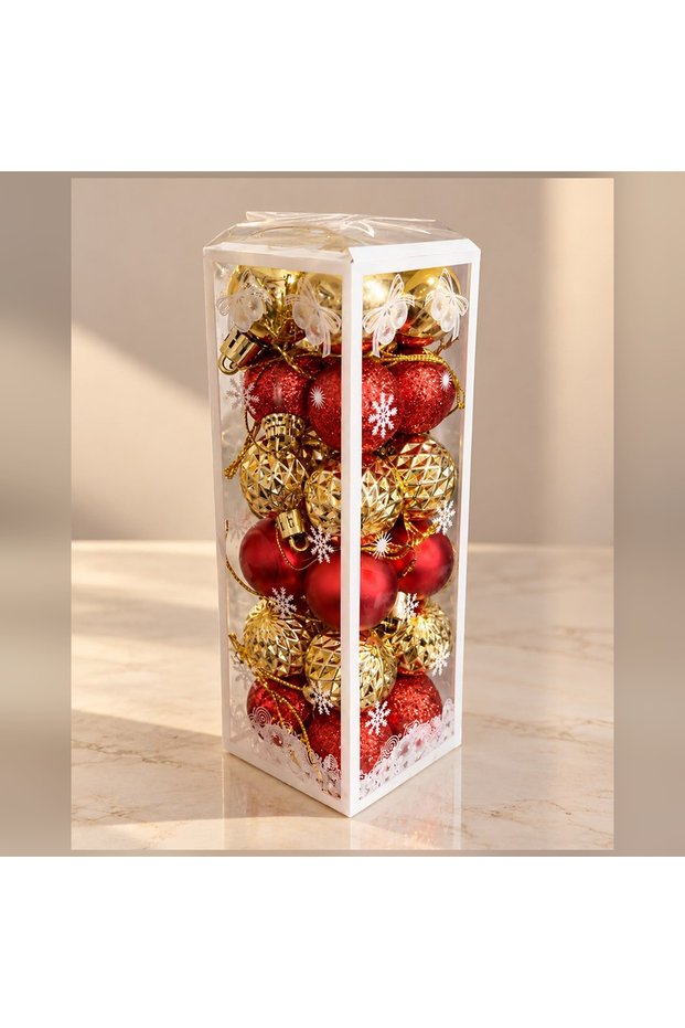 Red and Gold Decorative Christmas Ornaments—Pine Tree Hanging Decorations, Set of 24, Box 18x6 cm