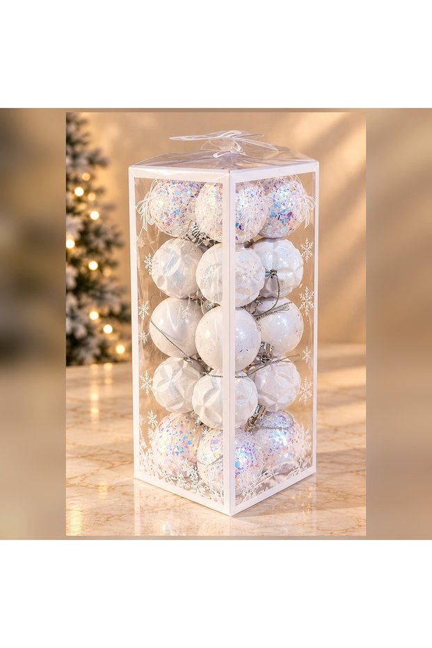 White, Silver, and Glittery Patterned Christmas Tree Ornaments, Set of 20, Box 19x8 cm