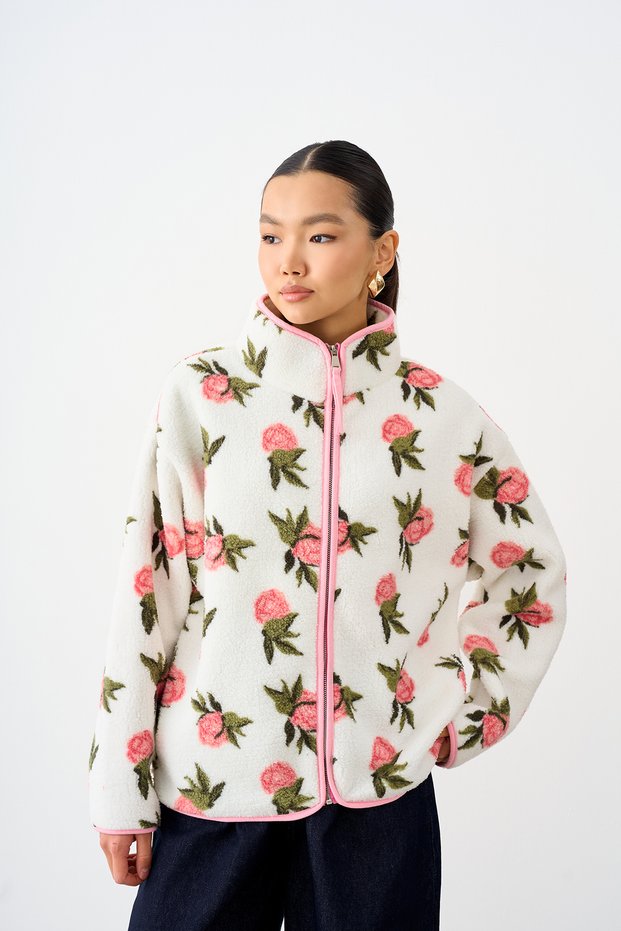 Women's White Fleece-Lined Jacket with Floral Print