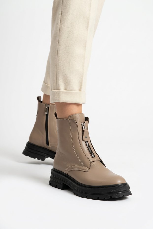 Manilsa Women's Genuine Leather Front Zippered Boots in Taupe Color
