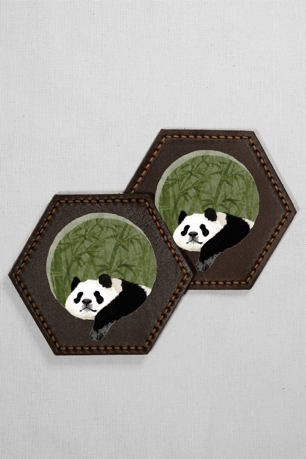 Set of 2 Leather Coasters - Genuine Leather - Panda Print - Handmade Coasters