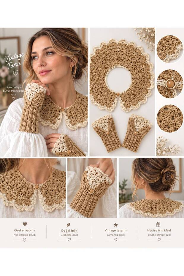 Teachers' Day Gift Handmade Vintage Knitted Collar and Fingerless Lace Gloves Set