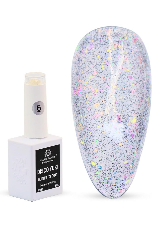 Disco Yuki Crystal Diamond Glow Top Coat, UV/LED Gel Polish, Long-Lasting No Wipe Glitter Finish, Chip-Resistant, 15ml Nail Shine for Natural & Acrylic Nails (6: Stardust Silver Shine, 15ml)